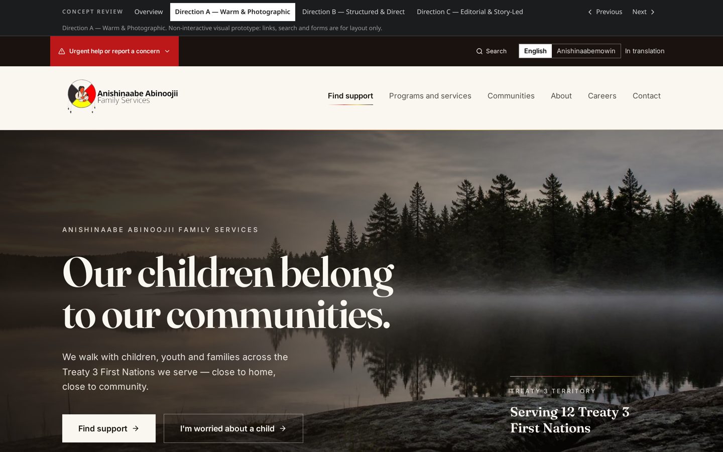 Desktop preview of Direction A: a full-width reference photograph of a misty lake behind a large serif headline, with two support buttons.