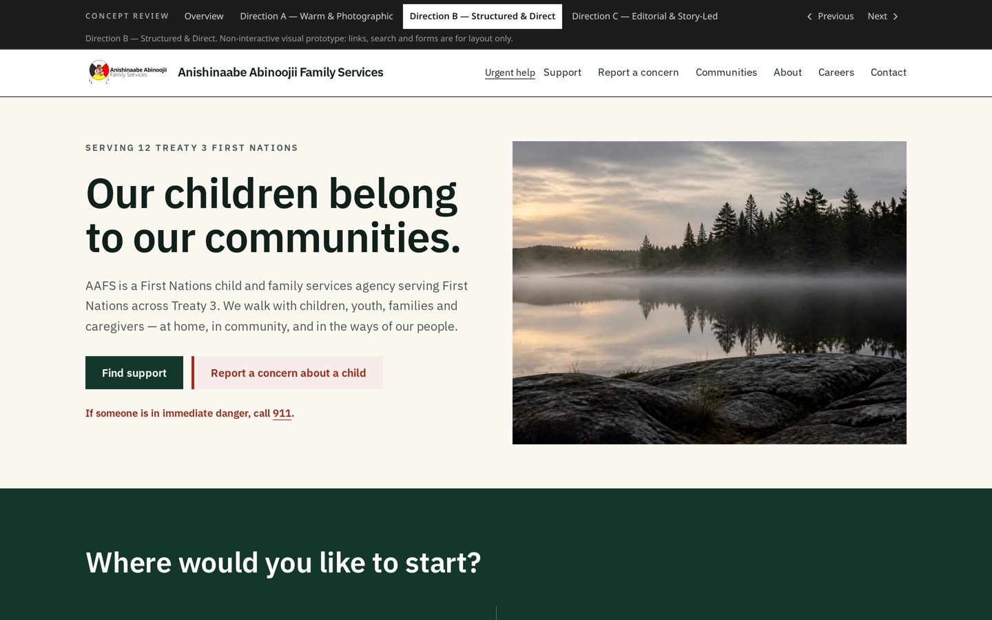 Desktop preview of Direction B: a compact header above a two-column opening with a sans-serif headline on the left and a reference photograph on the right.