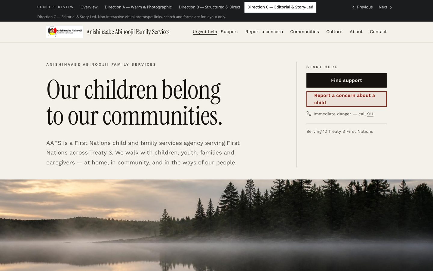 Desktop preview of Direction C: a very large serif headline on warm ivory beside a compact support and reporting rail, above a full-width reference photograph.