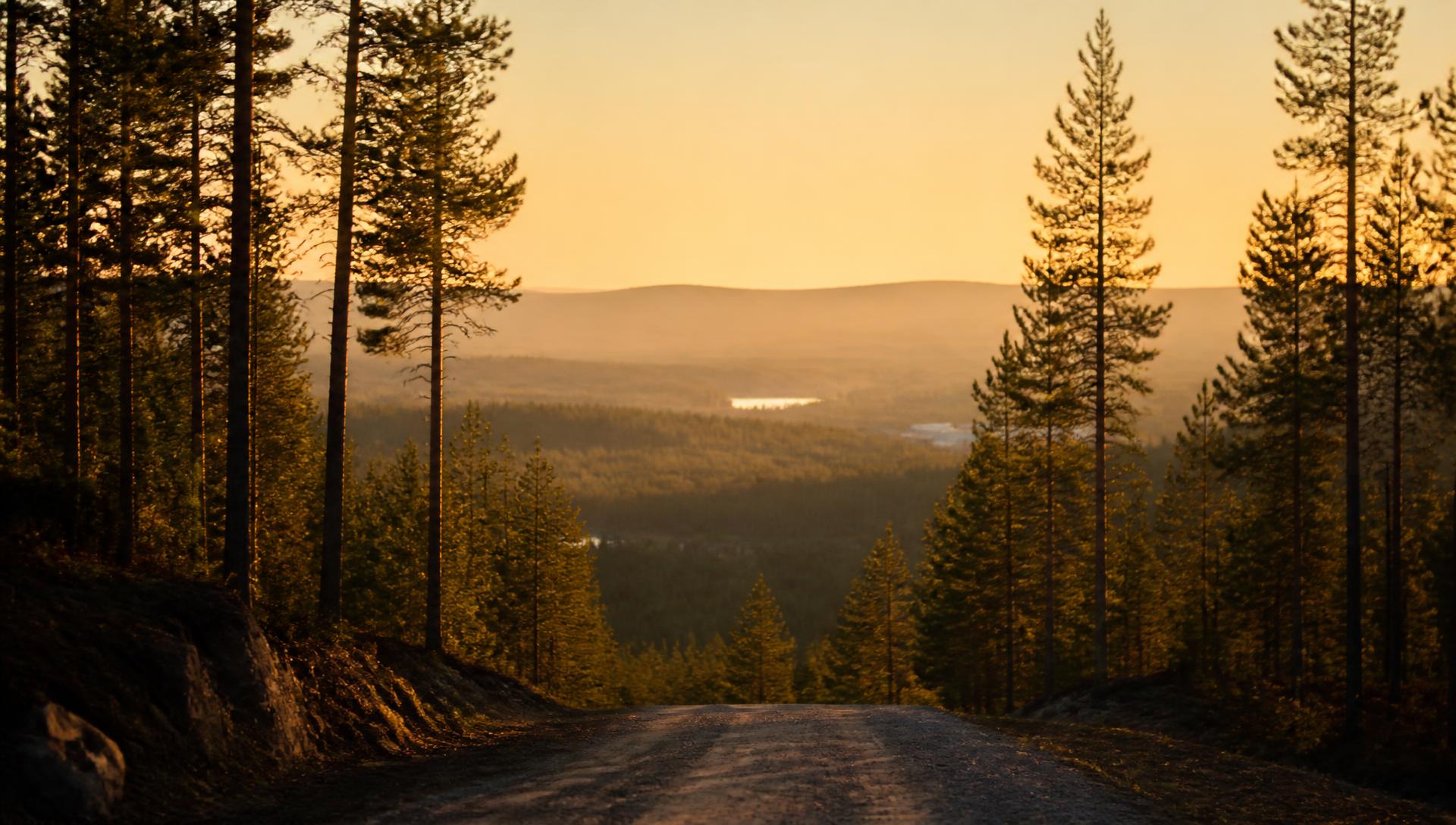 Reference photograph: a gravel road running into boreal forest at golden hour.