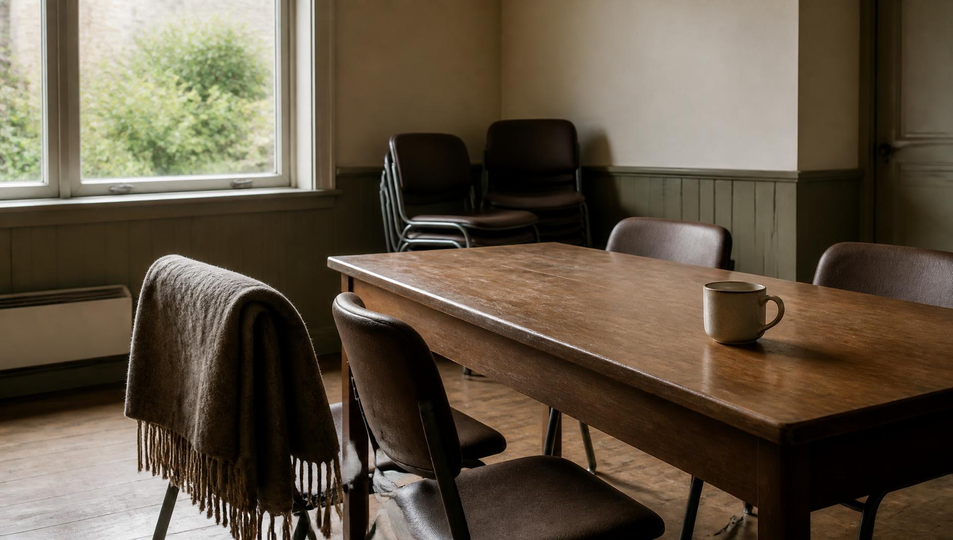 Reference photograph: an empty meeting room in daylight with a wooden table, chairs and a folded blanket.